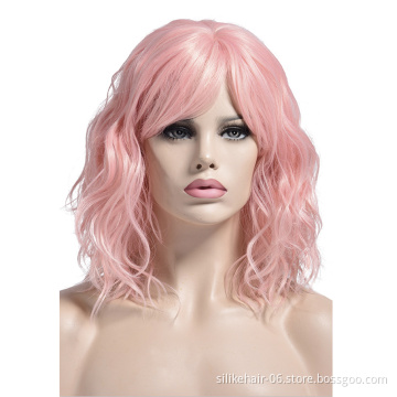 Daily Use Heat Resistant Brown Vine Purple Pink Black Silky Curly Wig For Women Synthetic Short Water Wavy Wigs With Bangs